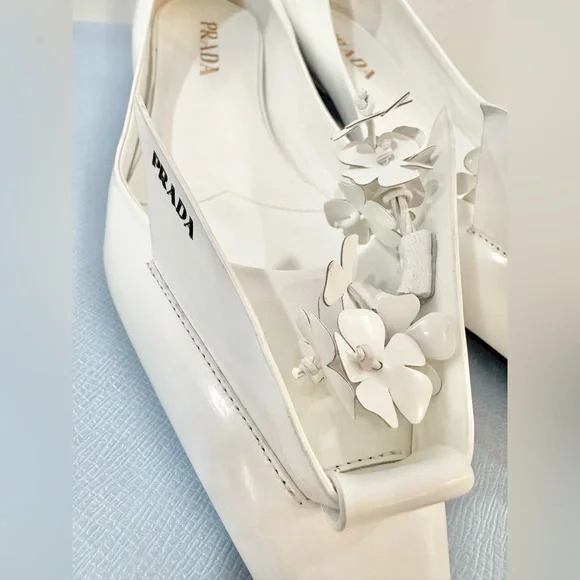 PRADA White Floral Embellished leather ballet flats